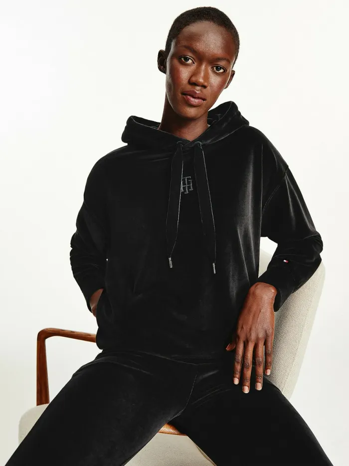 Tommy Hilfiger Velvet Monogram Relaxed Fit Hoody Black Womens Sweatshirts and Hoodies Online Tommy Hilfiger Velvet Monogram Relaxed Fit Hoody Black Womens Sweatshirts and Hoodies Online