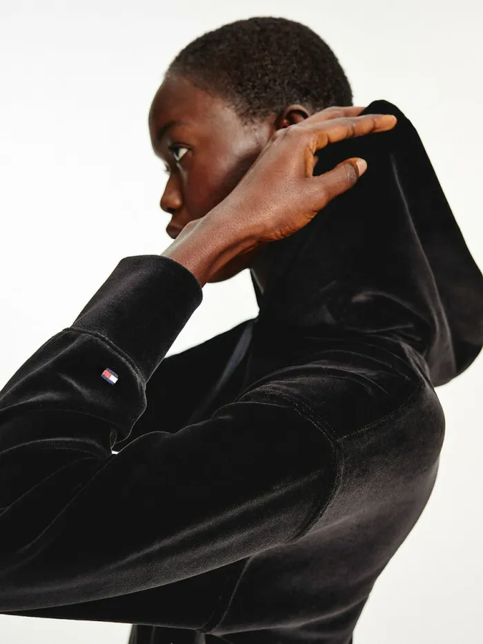Tommy Hilfiger Velvet Monogram Relaxed Fit Hoody Black Womens Sweatshirts and Hoodies Online