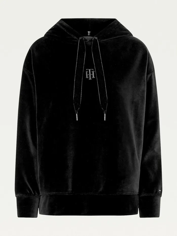 Tommy Hilfiger Velvet Monogram Relaxed Fit Hoody Black Womens Sweatshirts and Hoodies Online