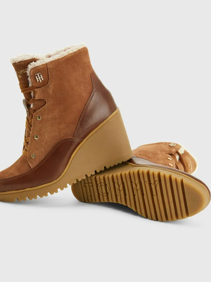 Tommy Hilfiger Warm Lined Wedge Ankle Boots Natural Cognac Womens Boots On Sale