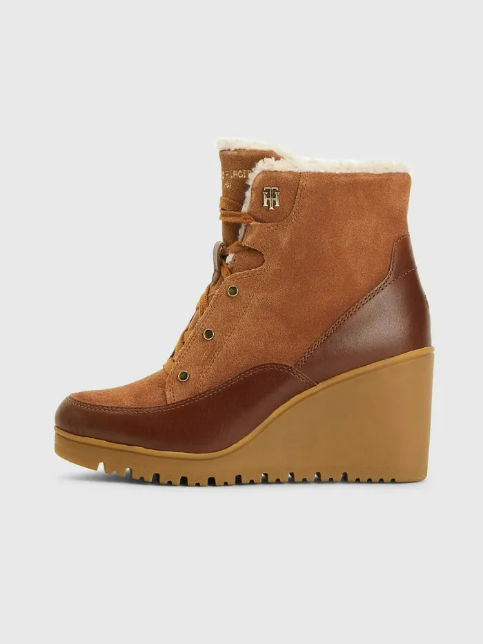 Tommy Hilfiger Warm Lined Wedge Ankle Boots Natural Cognac Womens Boots On Sale