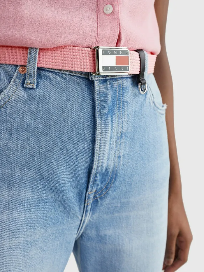 Tommy Hilfiger Webbing Badge Plaque Belt Fresh Pink Womens Belts On Sale