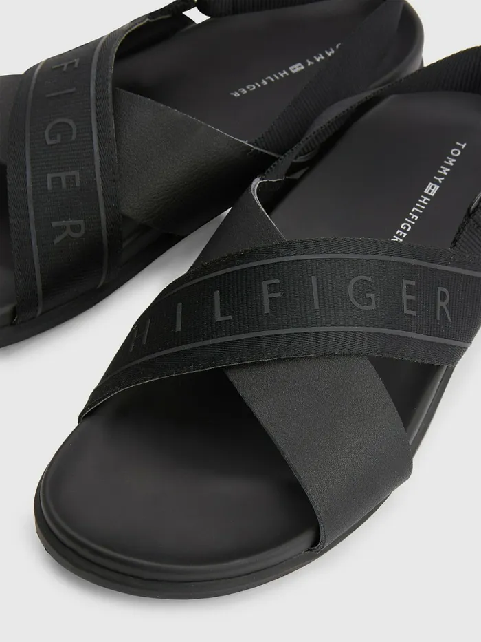Tommy Hilfiger Webbing Strap Sandals Black Mens Sandals Sliders and Flip Flops Cheap On Sale