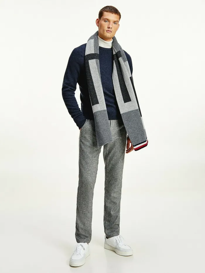 Tommy Hilfiger Woven Logo Signature Trim Scarf Mid Grey Heather Mens Hats and Scarves Online