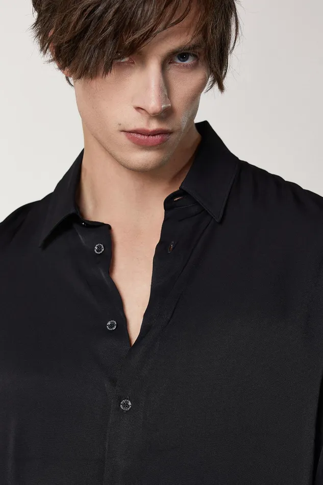 Tops and Shirts Men Patrizia Pepe SolidColored Shirt In Viscose Twill Nero Vinile