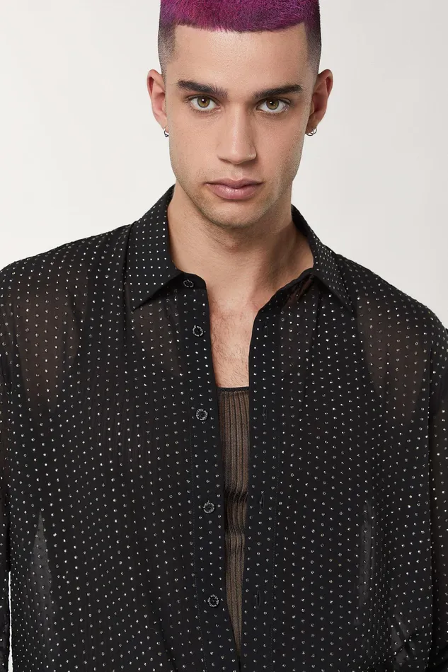 Tops and Shirts Men Patrizia Pepe Voile Shirt With Rhinestones Black Studs