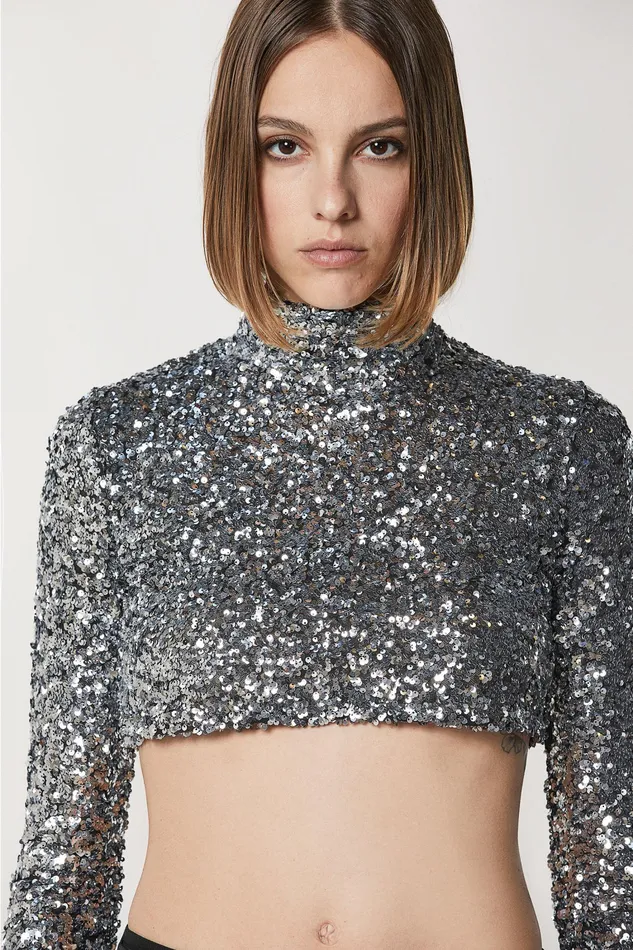 Tops Women Patrizia Pepe Crop TShirt With Sequins Silver Sequins