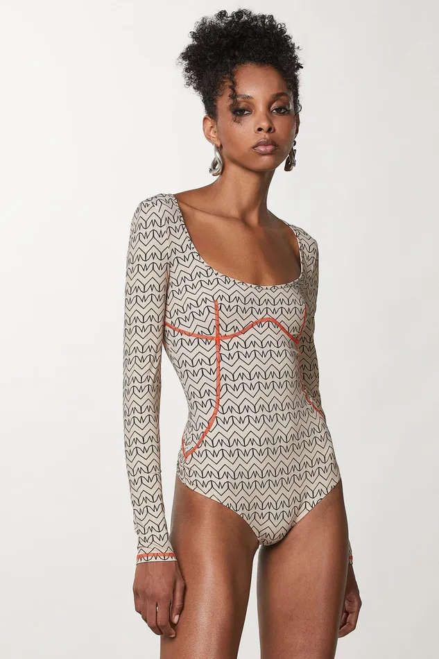 Tops Women Patrizia Pepe Monogram CutOut Bodysuit Craft Beige Monogram