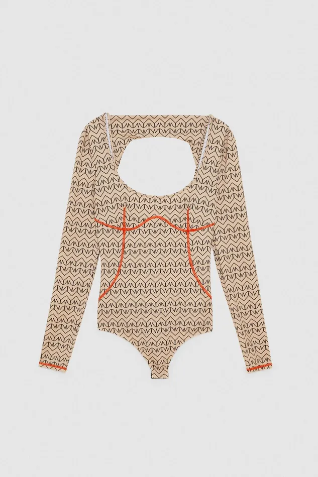 Tops Women Patrizia Pepe Monogram CutOut Bodysuit Craft Beige Monogram