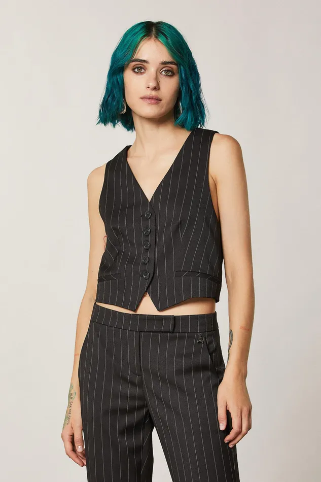 Tops Women Patrizia Pepe Viscose Vest Blackandbeige Stripes