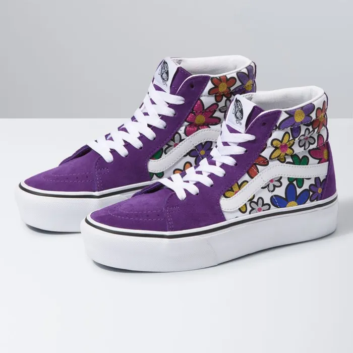Vans Classics Shoes Womens Glitter Daisies Sk8Hi Platform 20 RainbowTrue White Vans Classics Shoes Womens Glitter Daisies Sk8Hi Platform 20 RainbowTrue White