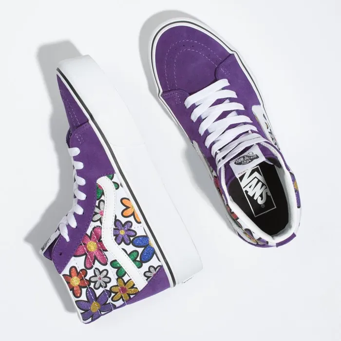 Vans Classics Shoes Womens Glitter Daisies Sk8Hi Platform 20 RainbowTrue White Vans Classics Shoes Womens Glitter Daisies Sk8Hi Platform 20 RainbowTrue White