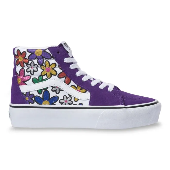 Vans Classics Shoes Womens Glitter Daisies Sk8Hi Platform 20 RainbowTrue White Vans Classics Shoes Womens Glitter Daisies Sk8Hi Platform 20 RainbowTrue White