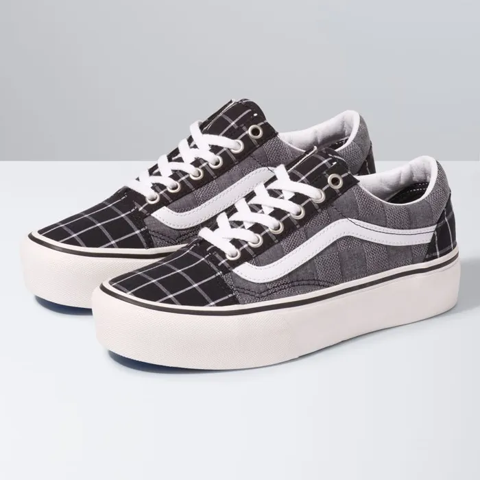 Vans Classics Shoes Womens Woven Check Old Skool Platform MultiBlanc De Blanc