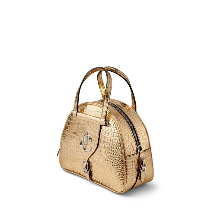 Varenne BowlingS LightGold Metallic CrocEmbossed Leather Bowling Handbag With Jc Emblem Light Gold Women JIMMY CHOO Bowling Bags