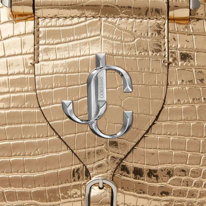 Varenne BowlingS LightGold Metallic CrocEmbossed Leather Bowling Handbag With Jc Emblem Light Gold Women JIMMY CHOO Bowling Bags
