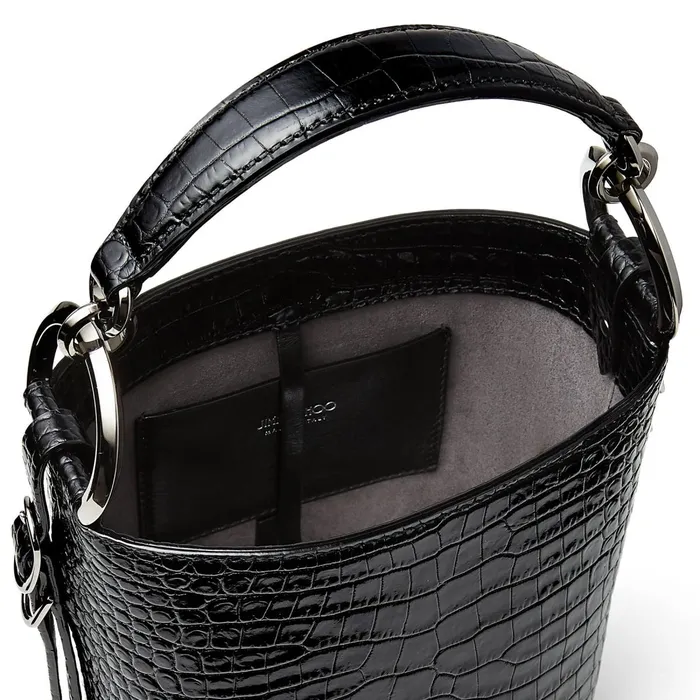 Varenne BucketS Black Shiny CrocEmbossed Leather Bucket Bag With Jc Emblem Black Women JIMMY CHOO Bucket Bags