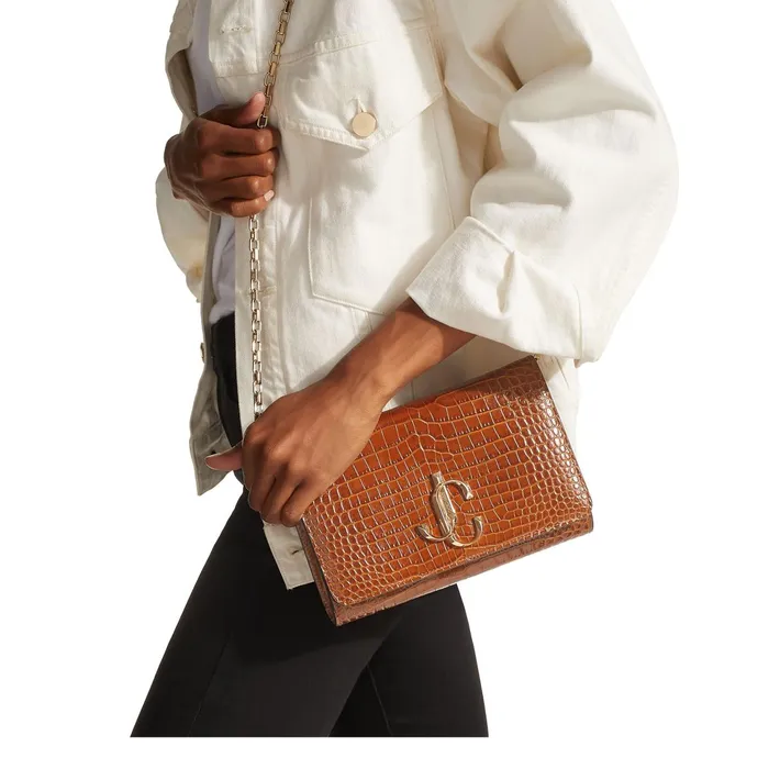Varenne Clutch Cuoio Croc Embossed Leather Clutch Bag With Jc Logo Cuoio Women JIMMY CHOO Clutch Bags