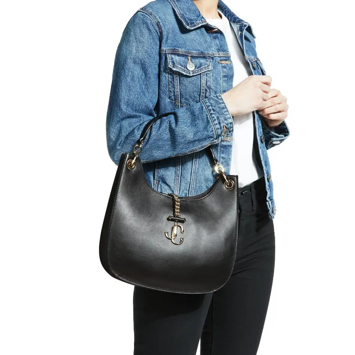 Varenne HoboM Black Calf Leather Hobo Handbag Blackgold Women JIMMY CHOO Totes and Hobo Bags