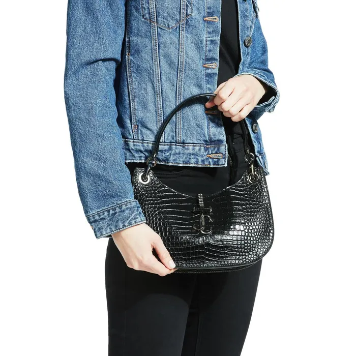 Varenne HoboS Black Shiny CrocEmbossed Leather Hobo Handbag With Jc Emblem Black Women JIMMY CHOO Totes and Hobo Bags