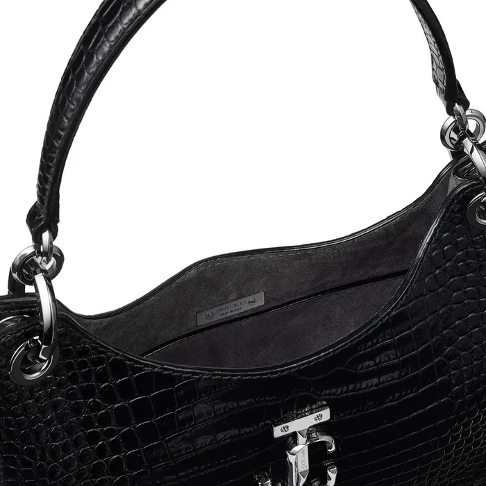 Varenne HoboS Black Shiny CrocEmbossed Leather Hobo Handbag With Jc Emblem Black Women JIMMY CHOO Totes and Hobo Bags