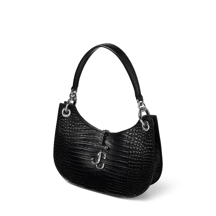 Varenne HoboS Black Shiny CrocEmbossed Leather Hobo Handbag With Jc Emblem Black Women JIMMY CHOO Totes and Hobo Bags