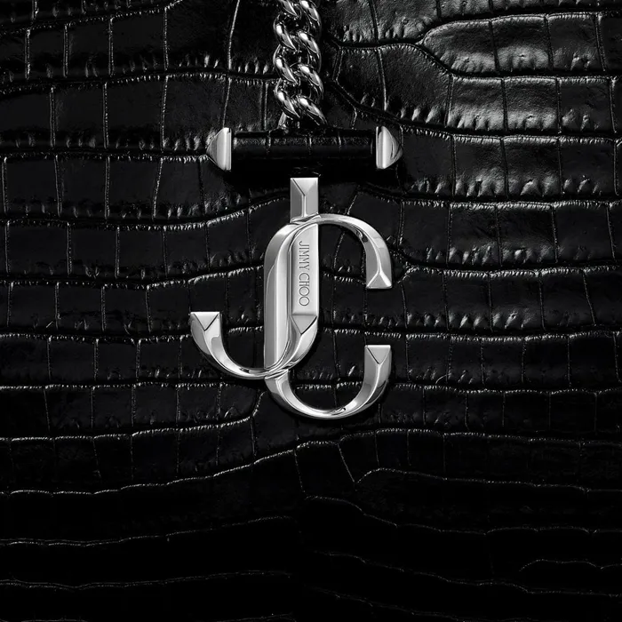 Varenne HoboS Black Shiny CrocEmbossed Leather Hobo Handbag With Jc Emblem Black Women JIMMY CHOO Totes and Hobo Bags