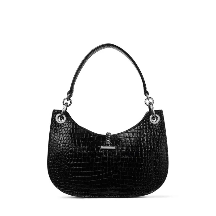 Varenne HoboS Black Shiny CrocEmbossed Leather Hobo Handbag With Jc Emblem Black Women JIMMY CHOO Totes and Hobo Bags
