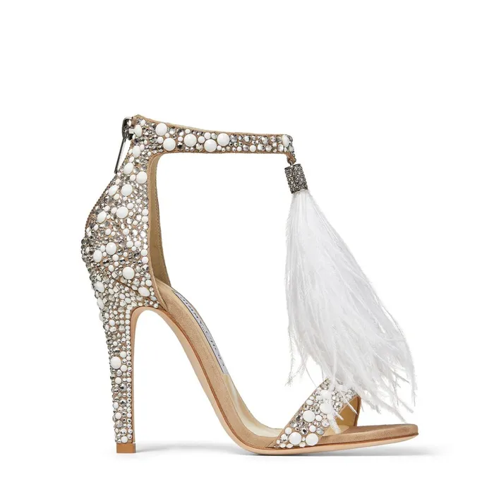 Viola 110 White Suede And Hot Fix Crystal Embellished Sandals With An Ostrich Feather Tassel Whitecrystal Mix Women JIMMY CHOO Bridal Shoes Viola 110 White Suede And Hot Fix Crystal Embellished Sandals With An Ostrich Feather Tassel Whitecrystal Mix Women JIMMY CHOO Bridal Shoes