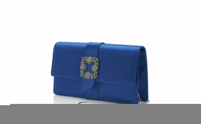 Women Bags Manolo Blahnik CAPRI Blue Satin Jewel Buckle Clutch