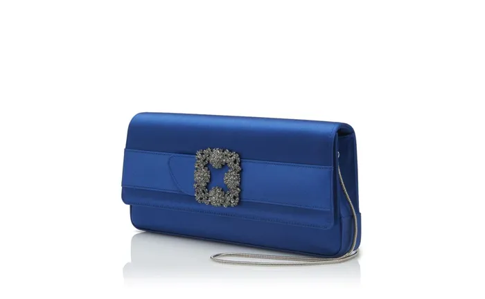Women Bags Manolo Blahnik GOTHISI Blue Satin Jewel Buckle Clutch