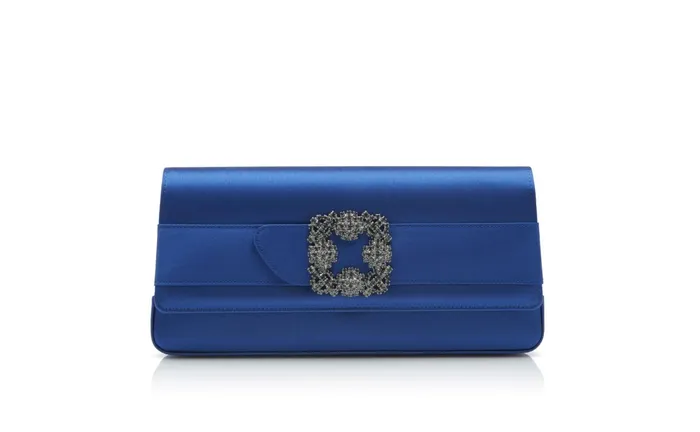 Women Bags Manolo Blahnik GOTHISI Blue Satin Jewel Buckle Clutch Women Bags Manolo Blahnik GOTHISI Blue Satin Jewel Buckle Clutch