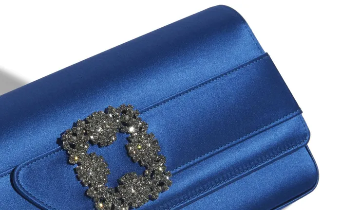 Women Bags Manolo Blahnik GOTHISI Blue Satin Jewel Buckle Clutch Women Bags Manolo Blahnik GOTHISI Blue Satin Jewel Buckle Clutch