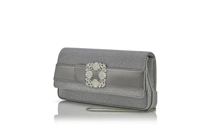 Women Bags Manolo Blahnik GOTHISI GLITTER Silver Glitter Jewel Buckle Clutch