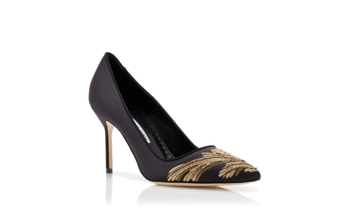 Women BB Manolo Blahnik BB 90 Black Silk Embroidered Pointed Toe Pumps