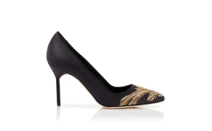 Women BB Manolo Blahnik BB 90 Black Silk Embroidered Pointed Toe Pumps Women BB Manolo Blahnik BB 90 Black Silk Embroidered Pointed Toe Pumps