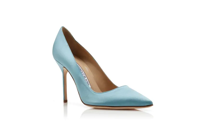Women BB Manolo Blahnik BB Light Blue Satin Pointed Toe Pumps