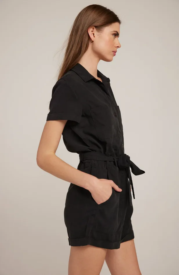 Women Bella Dahl Jumpsuits and Rompers Utility Rolled Hem Tencel Romper 8211 Vintage Black VINTAGE BLACK