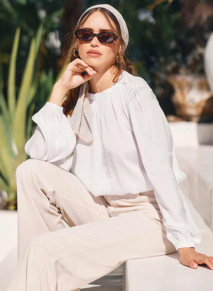Women Bella Dahl Long Sleeve Elastic Shirred Top 8211 White WHITE