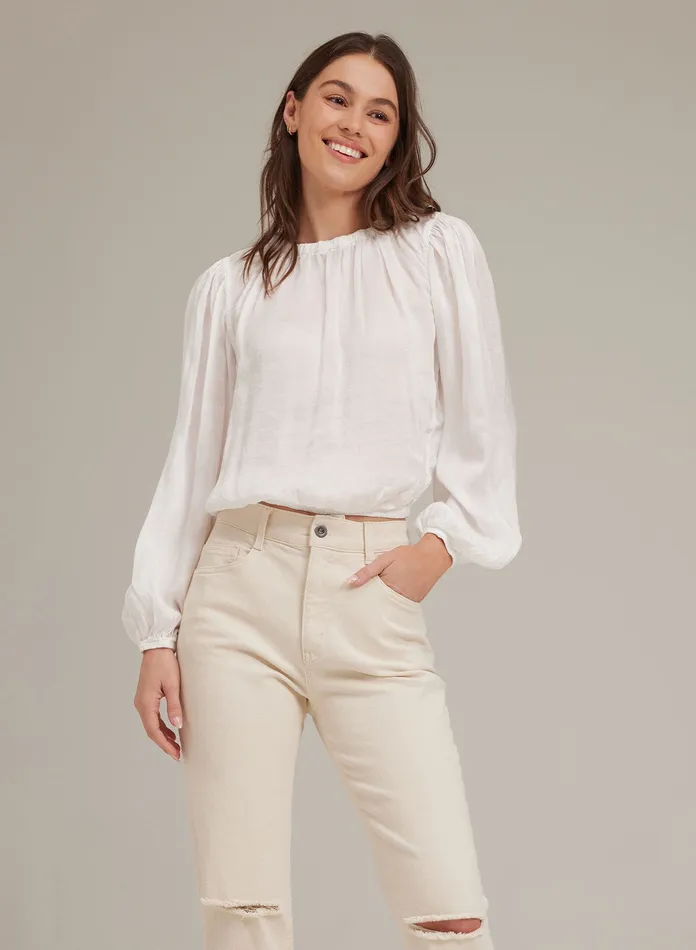 Women Bella Dahl Long Sleeve Elastic Shirred Top 8211 White WHITE