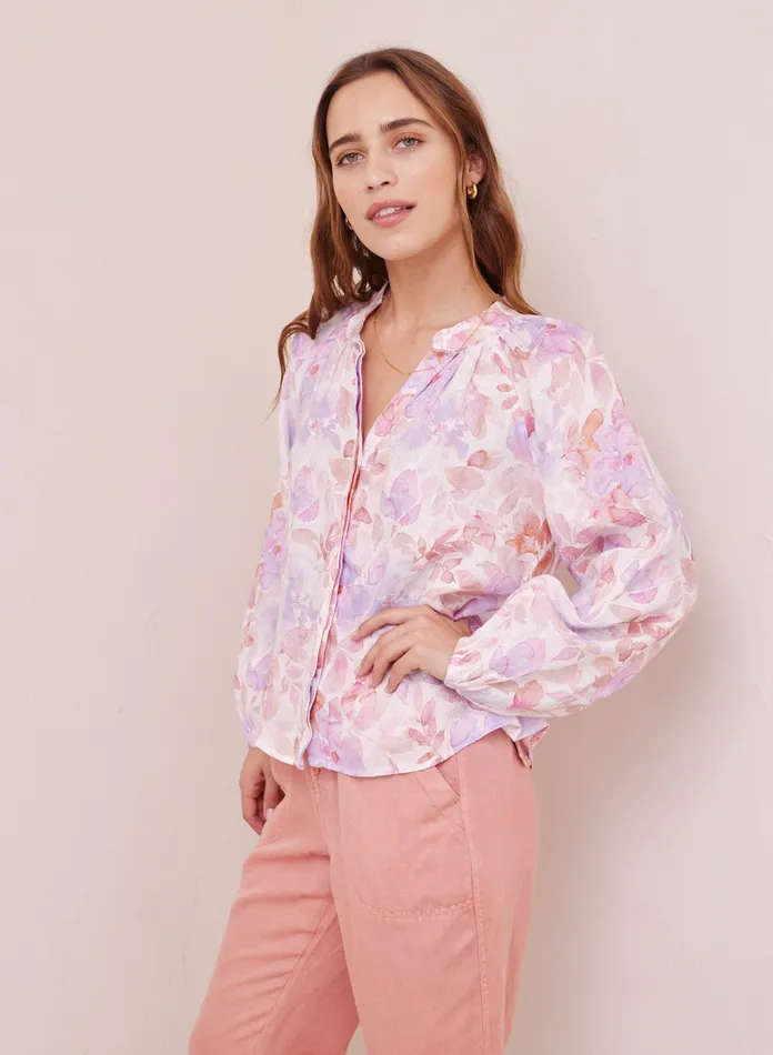 Women Bella Dahl Long Sleeve Floral Linen Raglan Shirt 8211 Peach Jardin Print PEACH JARDIN PRINT