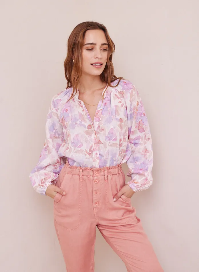 Women Bella Dahl Long Sleeve Floral Linen Raglan Shirt 8211 Peach Jardin Print PEACH JARDIN PRINT