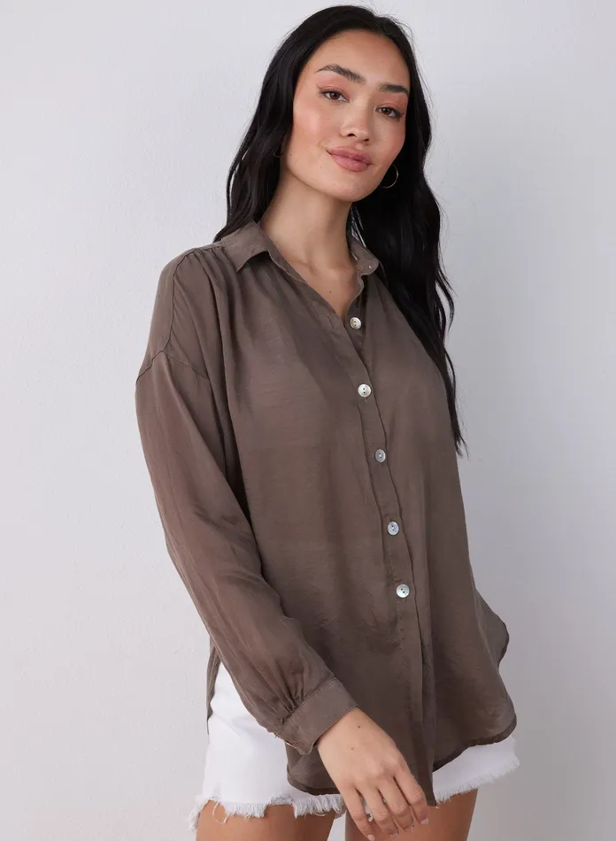 Women Bella Dahl Long Sleeve Flowy Beach Shirt 8211 Sierra Brown SIERRA BROWN