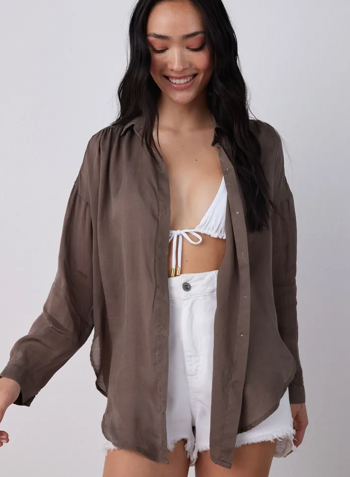 Women Bella Dahl Long Sleeve Flowy Beach Shirt 8211 Sierra Brown SIERRA BROWN