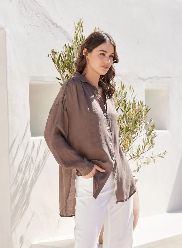 Women Bella Dahl Long Sleeve Flowy Beach Shirt 8211 Sierra Brown SIERRA BROWN