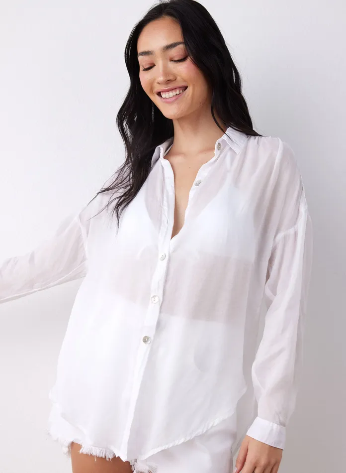 Women Bella Dahl Long Sleeve Flowy Beach Shirt 8211 White WHITE