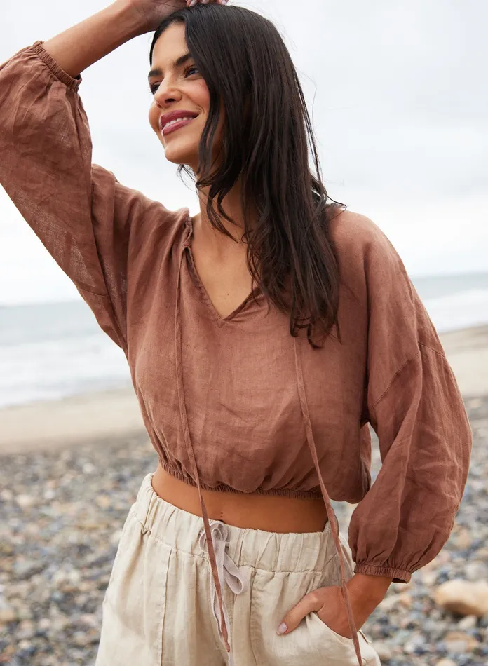 Women Bella Dahl Long Sleeve Linen Tie Front Peasant Top 8211 Terracotta Brown TERRACOTTA BROWN Women Bella Dahl Long Sleeve Linen Tie Front Peasant Top 8211 Terracotta Brown TERRACOTTA BROWN
