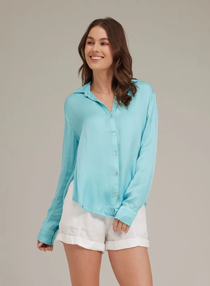 Women Bella Dahl Long Sleeve Satin Side Slit Button Down 8211 Crystal Water CRYSTAL WATER Women Bella Dahl Long Sleeve Satin Side Slit Button Down 8211 Crystal Water CRYSTAL WATER
