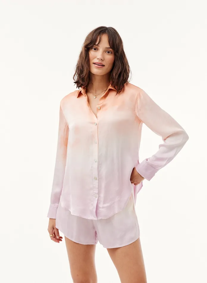 Women Bella Dahl Long Sleeve Satin Side Slit Button Down 8211 Orchid Sunset Dye ORCHID SUNSET DYE