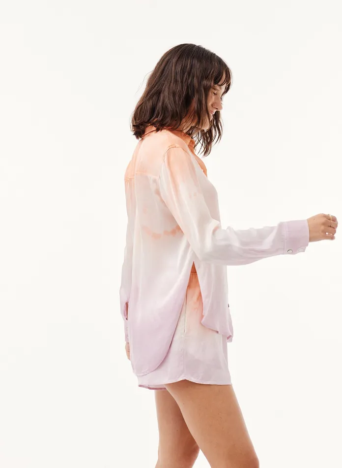 Women Bella Dahl Long Sleeve Satin Side Slit Button Down 8211 Orchid Sunset Dye ORCHID SUNSET DYE